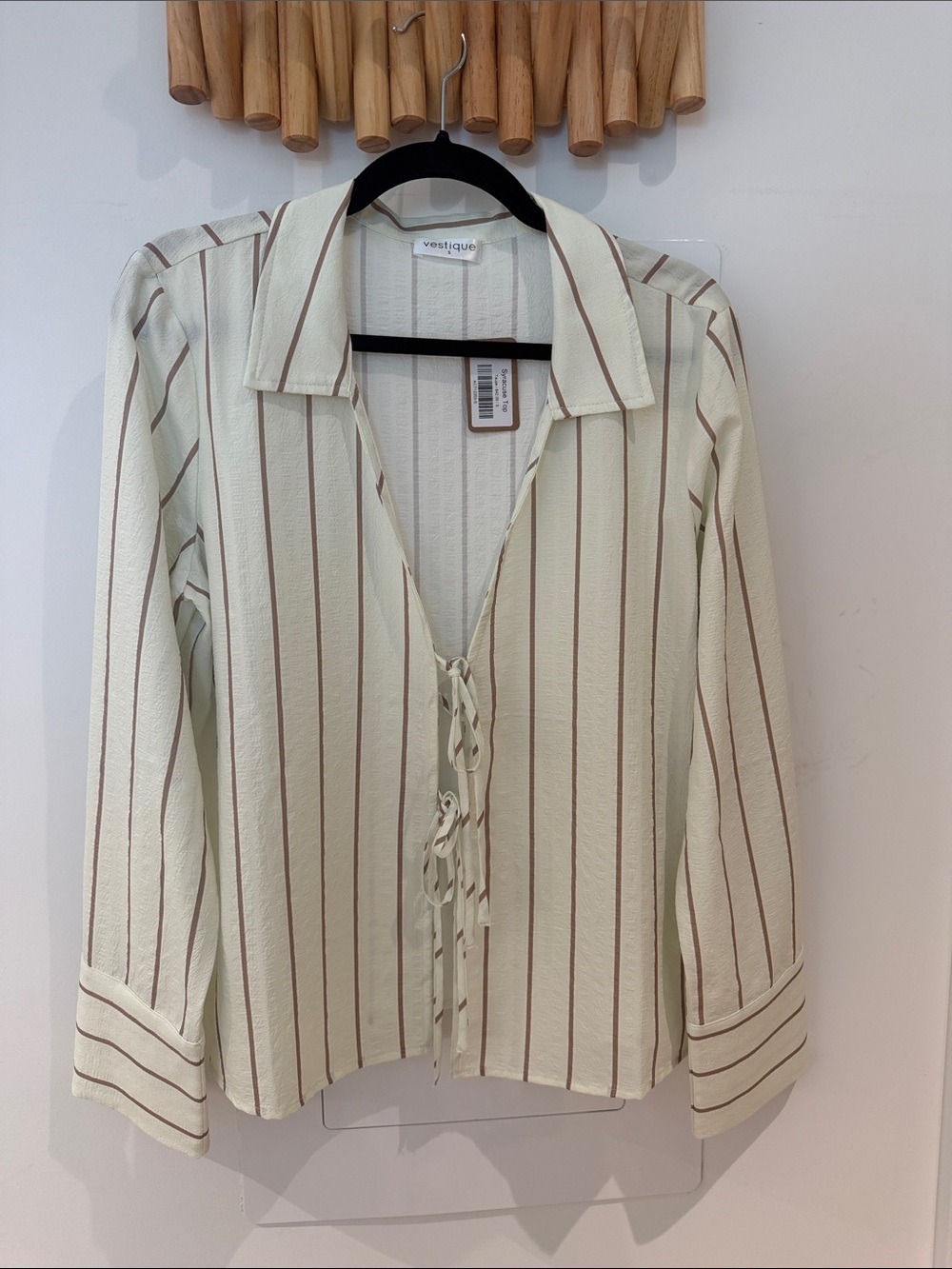vestique Cream and Brown Striped Tie-Front Button Down Shirt